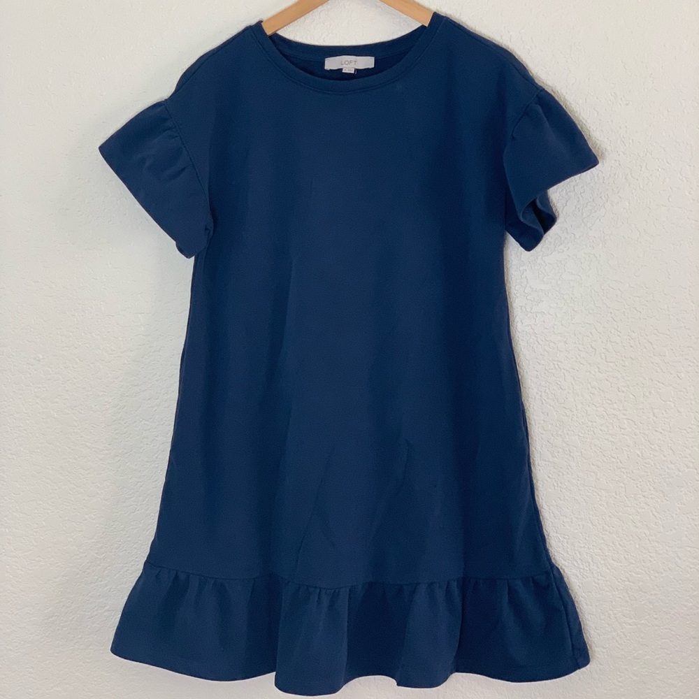 LOFT Navy Blue Short Sleeve Ruffle Hem Dress